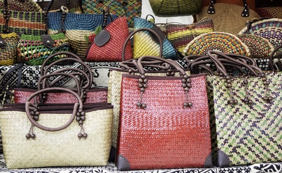 Leather handbags in complementary shop, fashion and beauty