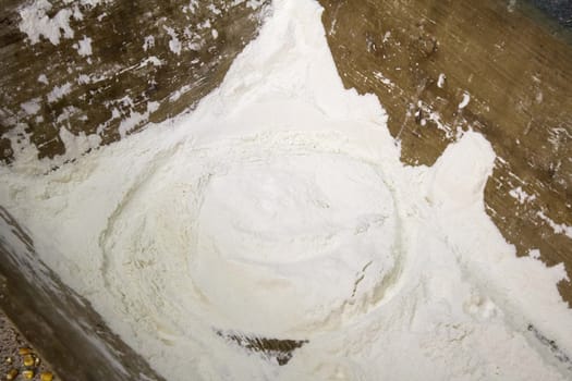Bowl with flour in bakery, ingredients and food