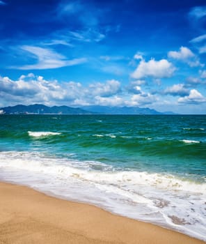 Scenic view of Nha Trang beach at sunny day. Beautiful tropical landscape