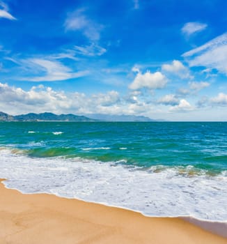 Scenic view of Nha Trang beach at sunny day. Beautiful tropical landscape