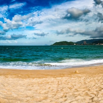 Scenic view of Nha Trang beach at sunny day. Beautiful tropical landscape