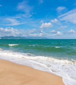 Scenic view of Nha Trang beach at sunny day. Beautiful tropical landscape