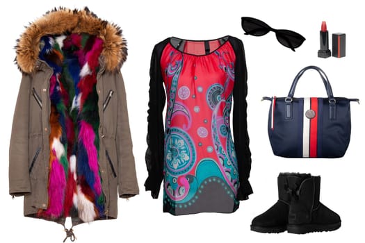 Collage woman clothes. Set of stylish and trendy women dresses, coat and accessories isolated on a white background. Latest fashion trends.