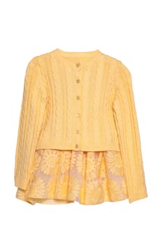Girls clothes. Festive beautiful yellow little girl sweater or knitted cardigan and a matching yellow summer skirt isolated on a white background. Children and kids fashion.
