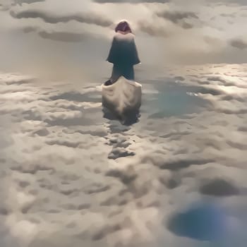 Spiritual composition. Soul Journey. Figure of man in cloak sailing in the sky