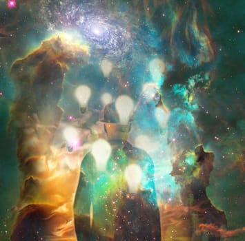 Surrealism. Man in suit with light bulbs around him stands in vivid universe. Endless Ideas