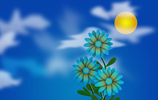 Cartoonish illustration. Daisies and Sun in cloudy sky