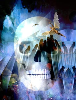 Surreal composition. Winged Angel and Death Skull. 3D rendering