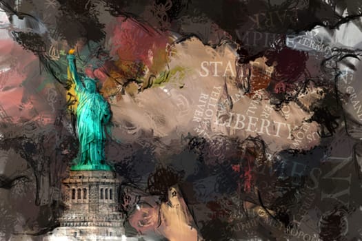 Abstract painting. Liberty statue. 3D rendering