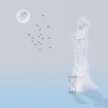 Woman`s marble statue and butterflies. Glowing moon and hourglass.