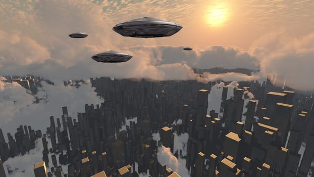 Flying saucers over futuristic megalopolis. Sunset
