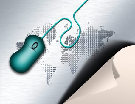 A curled paper and a computer mouse. World map background