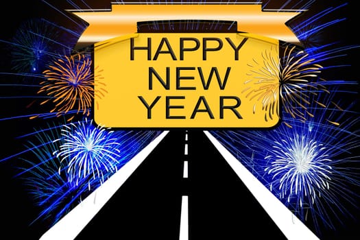 Happy new year text on yellow sign with fireworks in the night sky