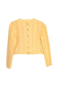 Girls clothes. Festive beautiful yellow little girl sweater or knitted cardigan isolated on a white background. Children and kids fashion.