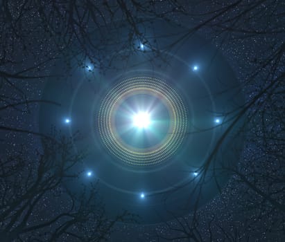 Unidentified flying object - UFO, flying over the trees. Concept of alien abduction. 3D illustration.