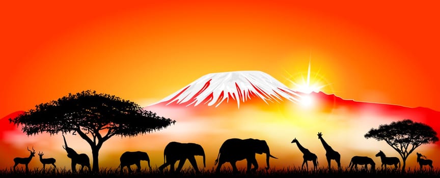 Silhouettes of wild animals of the African savannah on the background of mount Kilimanjaro.
