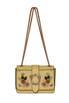 Fashionable yellow female luxury women bag isolated on a white background. Fashionable womans accessories.
