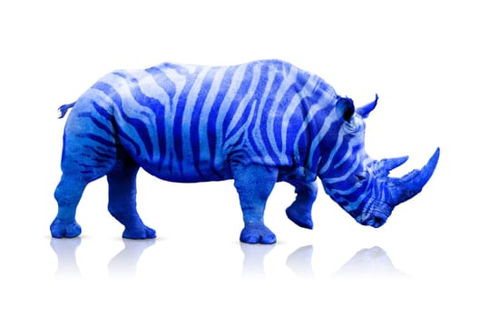 Blue rhino with zebra lines over white, clipping path