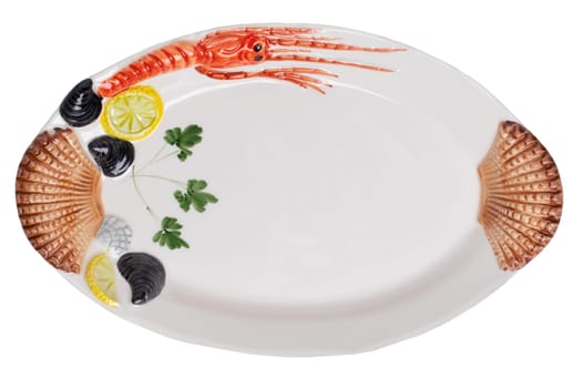 Top view. Closeup of a empty colorful seafood plate.  Plate is decorated with shells, shrimps and lemon slices pattern isolated on a white background.