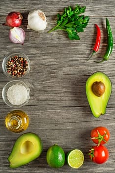 Ingredients for healthy meal with avocado- traditional Guacamole sauce