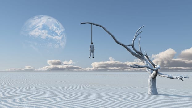 Surreal white desert. Man in white suit is hanged on a dry tree..
