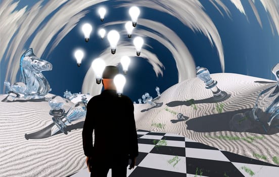 Surreal desert. Man in suit stands on checkered road with chess pieces. Light bulbs represents ideas. 3D rendering