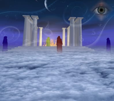 Mystic Temple of Fire and monks. Time Spirals and God's Eye in the sky.