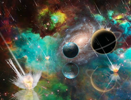 Planetary Armageddon. Massive meteorite - asteroid shower destroy planets. 3D rendering