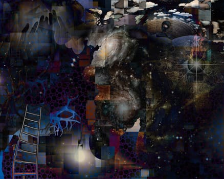 Inside of Consciousness. Tree with hanging light bulb. Human with galaxy mind and floating flaming eye. Rectangular shapes and small circles abstract
