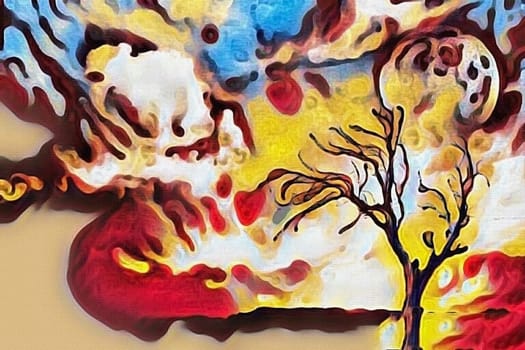 Abstract painting. Lonely tree, full moon in cloudy sky. Watercolor.