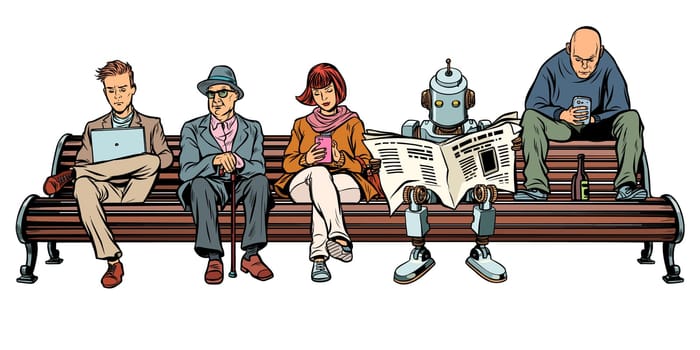 People and a robot sitting on a Park bench. Pop art retro vector illustration kitsch vintage