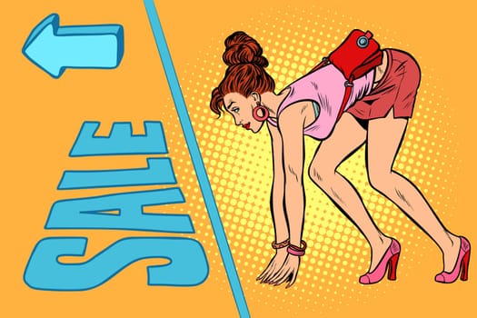 woman. start of sale. Pop art retro vector illustration kitsch vintage