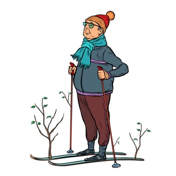 skier male in a forest of young trees. Pop art retro vector illustration kitsch vintage