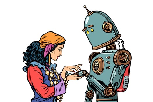 A Gypsy telling fortunes by the hand. The robot wants to know about love. Pop art retro vector illustration kitsch vintage
