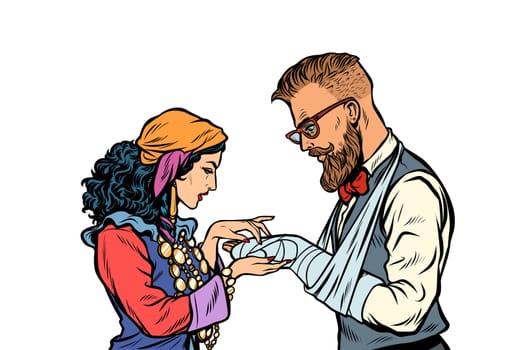 Gypsy palmist and hipster. Patient with plaster and a broken arm. Pop art retro vector illustration kitsch vintage