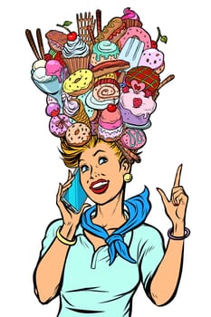 stewardess woman dreams of food and sweets. Pop art retro vector illustration kitsch vintage