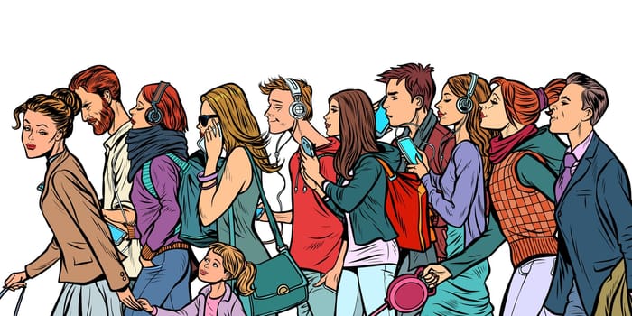 The crowd of pedestrians, men and women. Pop art retro vector illustration kitsch vintage