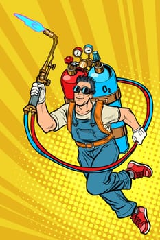 welder professional worker. superhero with gas cylinders. Pop art retro vector illustration kitsch vintage
