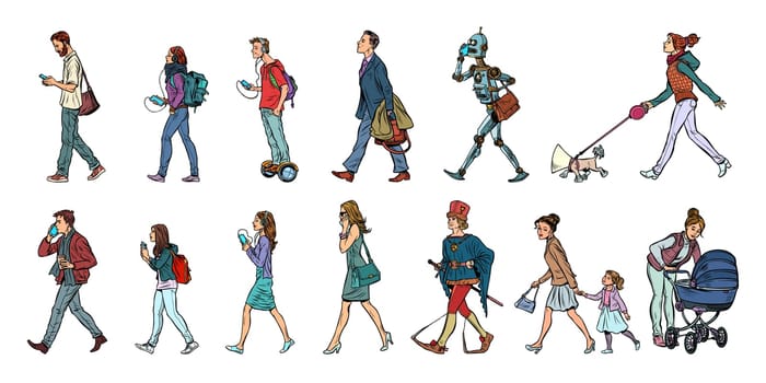 Set collection of pedestrians people walk. Women men robot dog. Modern and retro. Pop art vector illustration kitsch vintage
