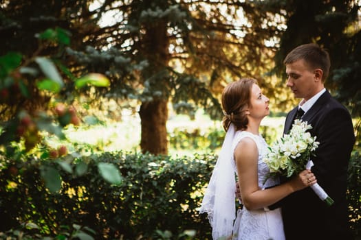 couple bride and groom on a park background.