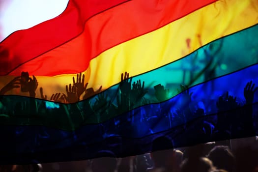 silhouette of a parade of gays and lesbians with a rainbow flag - symbol of love and tolerance