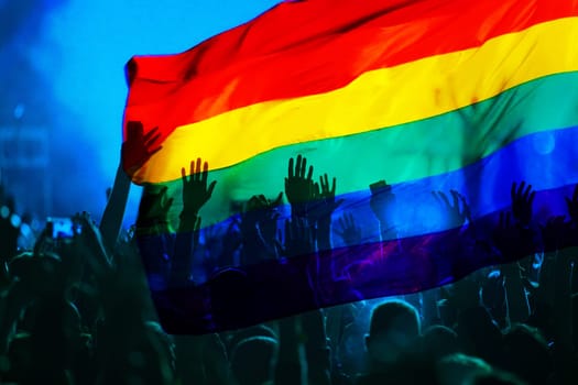 silhouette of a parade of gays and lesbians with a rainbow flag - symbol of love and tolerance