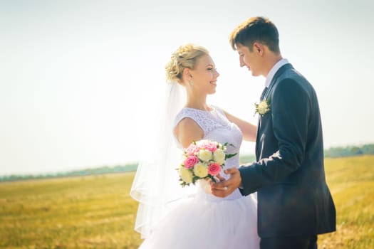 the bride and groom on the background of field.