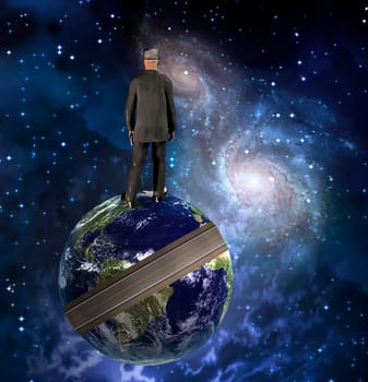Man in suit stands on planet the Earth. Galaxies and nebulae in deep space