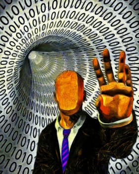 Surreal painting. Faceless man in suit warns. Tunnel of binary code on a background.