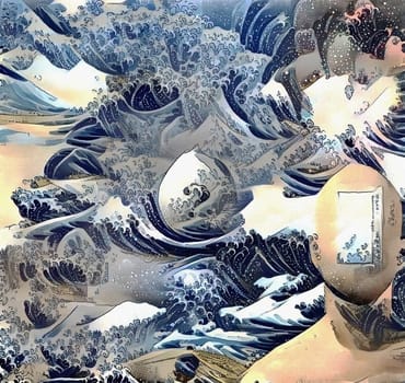 Abstract painting. Man with open door to imagination. Background with ocean waves