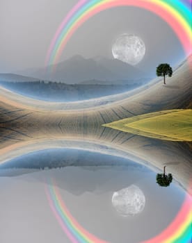 Peaceful Rural Scene. Rainbow and moon over the mountain