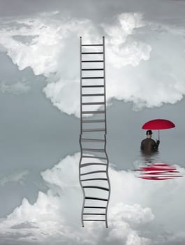 Man in flood with ladder above