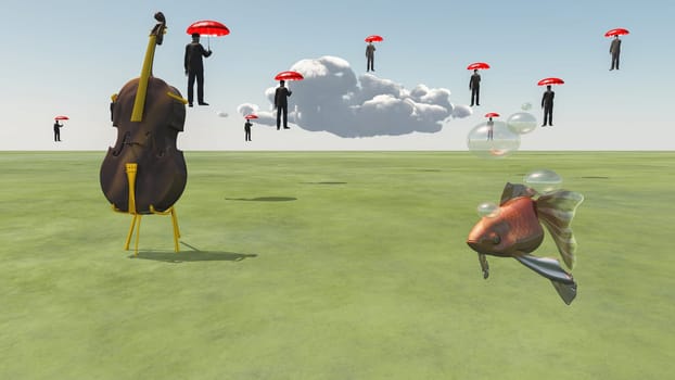 Cello, goldfish and floating men with red umbrellas
