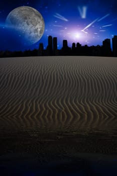Desert city silhouettes with large clock shape and moon in sky